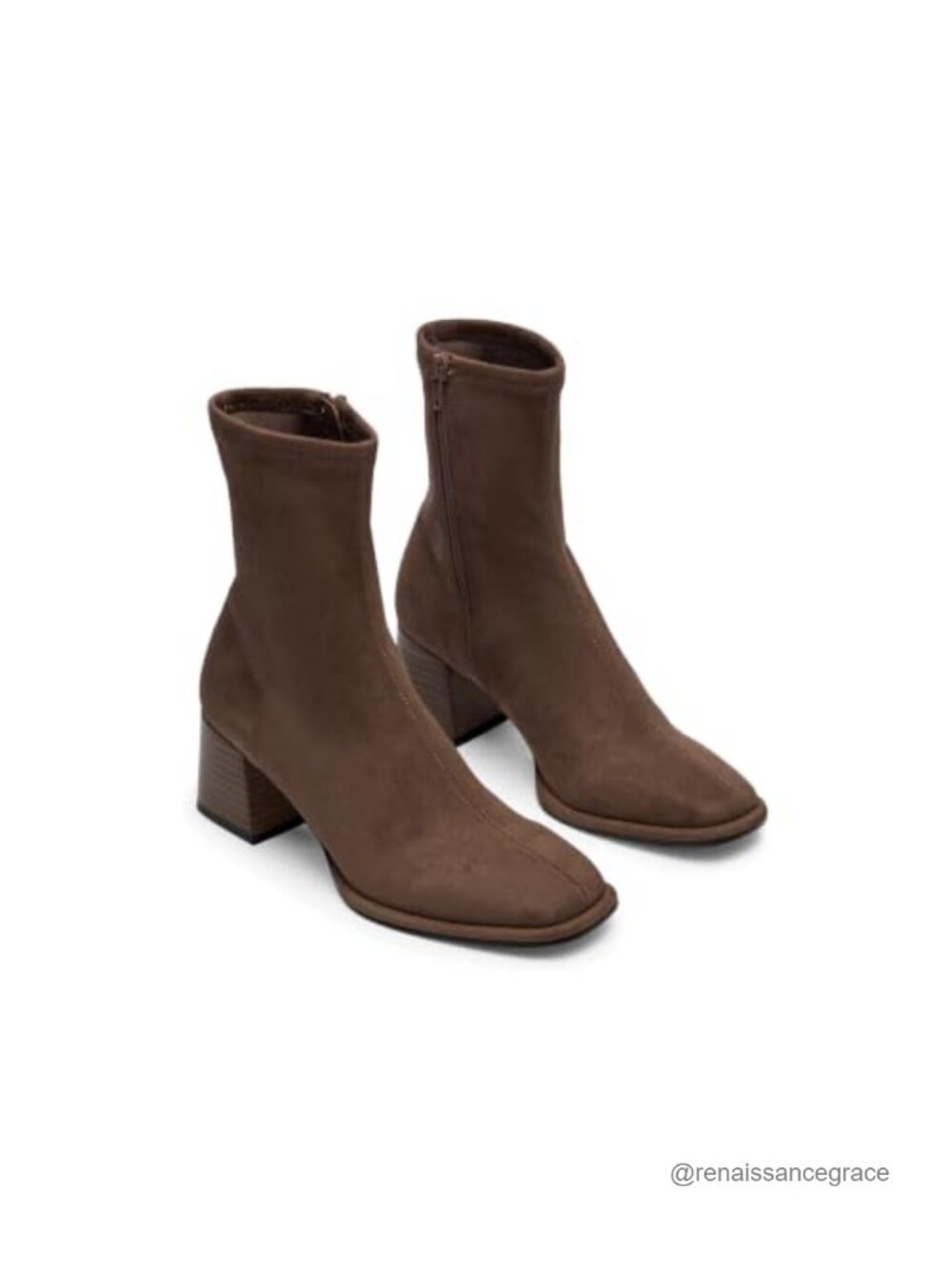Womens Square Toe Chunky Heel Ankle Boots Faux Suede Zip Up Dress Booties
